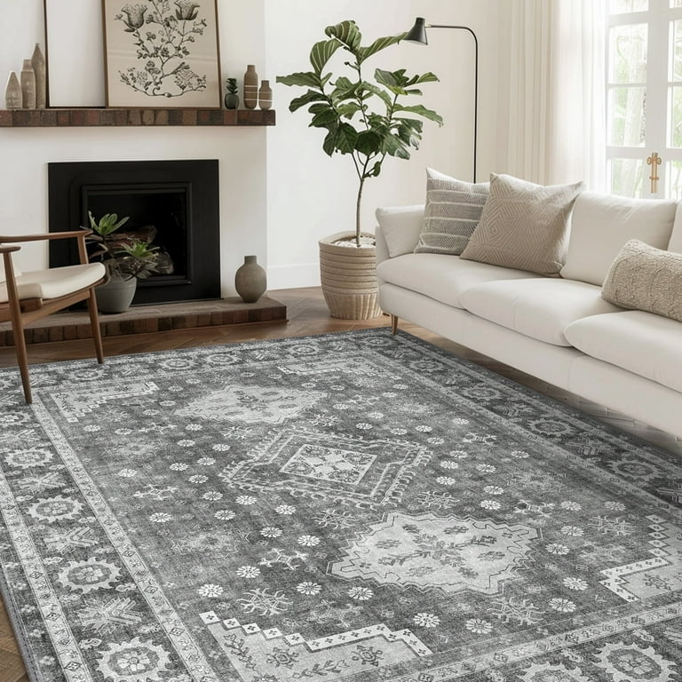 Area Rug Distressed Gray Weathered Tribal Motif Transitional