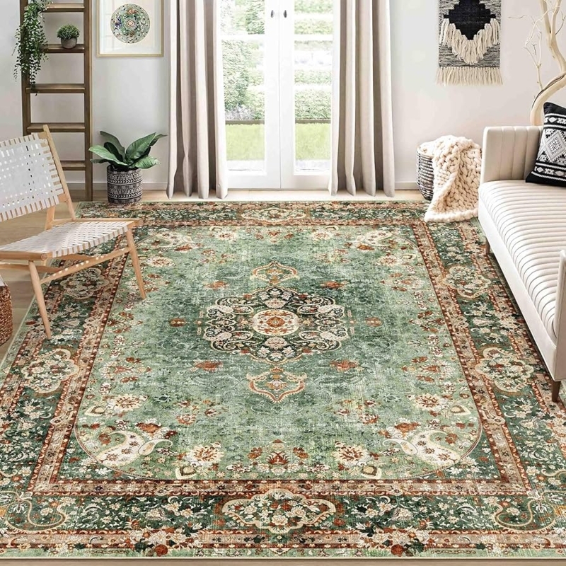 Area Rug Distressed Green Palette Washable Boho Chic Bedroom Decor