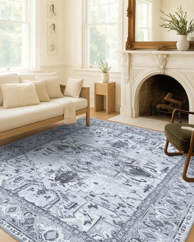 Area Rug, Distressed Grey Abstract, Weathered Industrial Loft Style