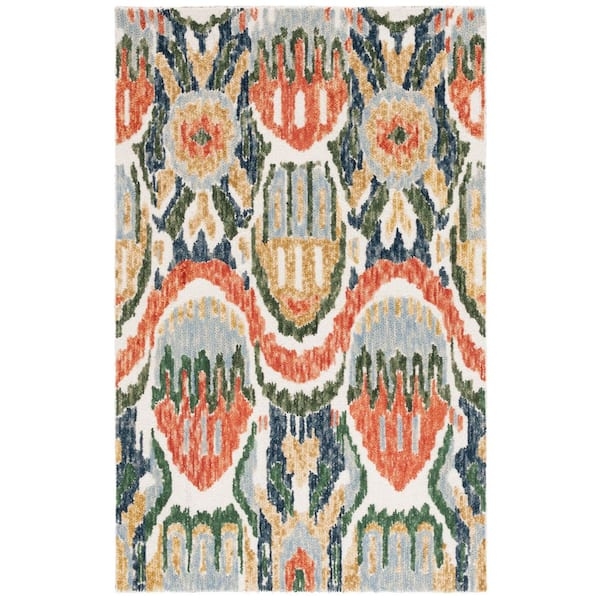 Area Rug Distressed Ikat Sage Green Rust Abstract Low Pile