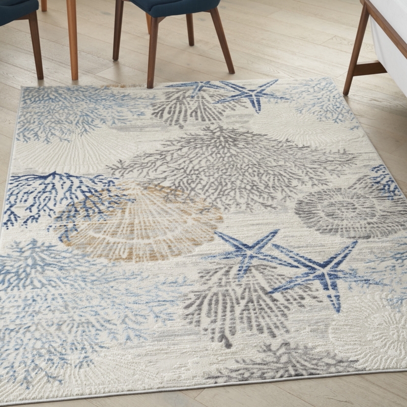 Area Rug: Distressed Ivory & Blue Damask Coastal Style