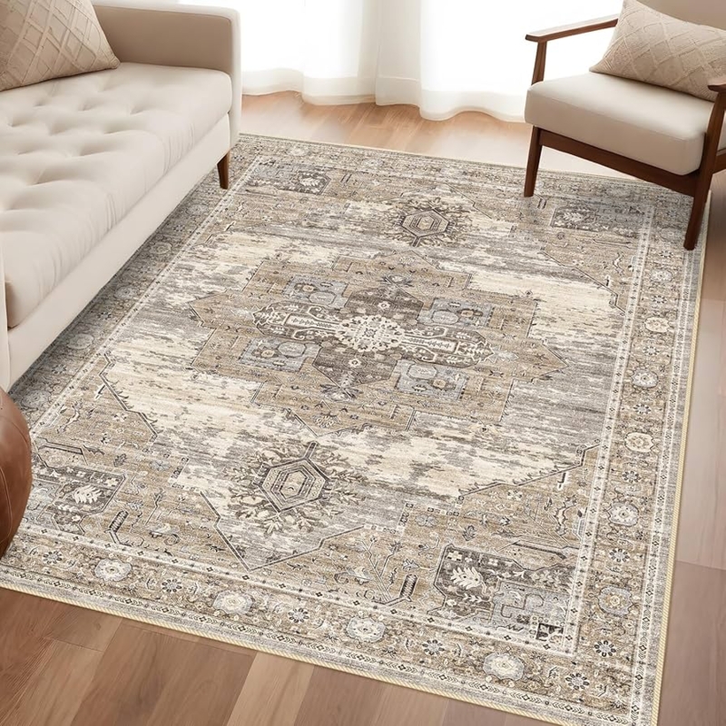 Area Rug Distressed Medallion Beige Gray Low Pile Modern Farmhouse