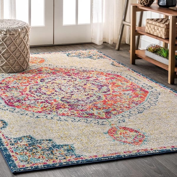 Area Rug Distressed Medallion Blue Orange Vintage Living Room