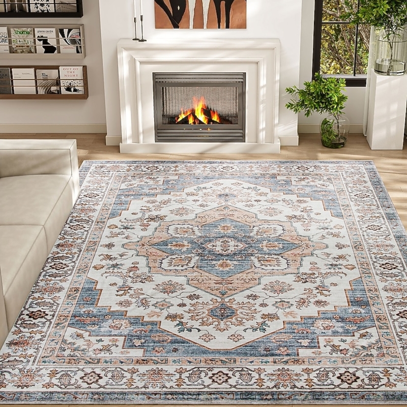 Area Rug Distressed Medallion Design Washable Construction Brown Beige