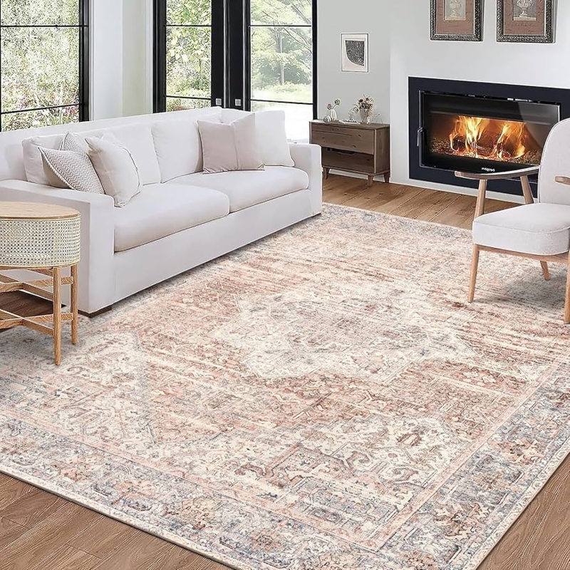 Area Rug Distressed Medallion Ivory Gray Washable Farmhouse Decor