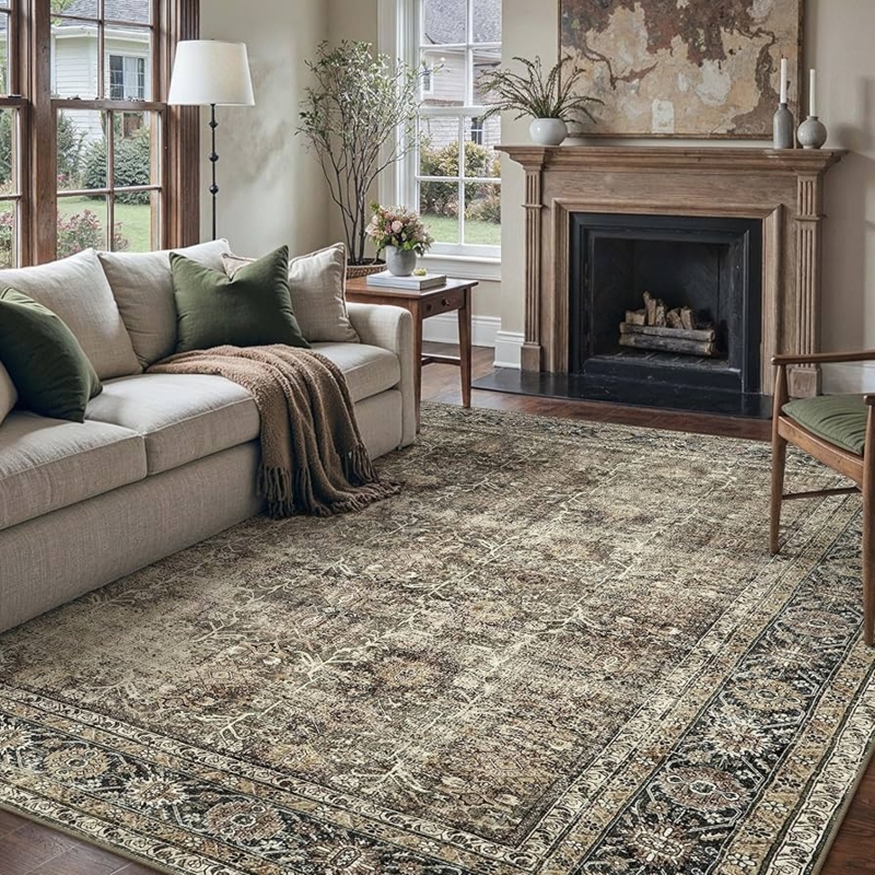 Area Rug Distressed Medallion Pattern Brown Traditional
