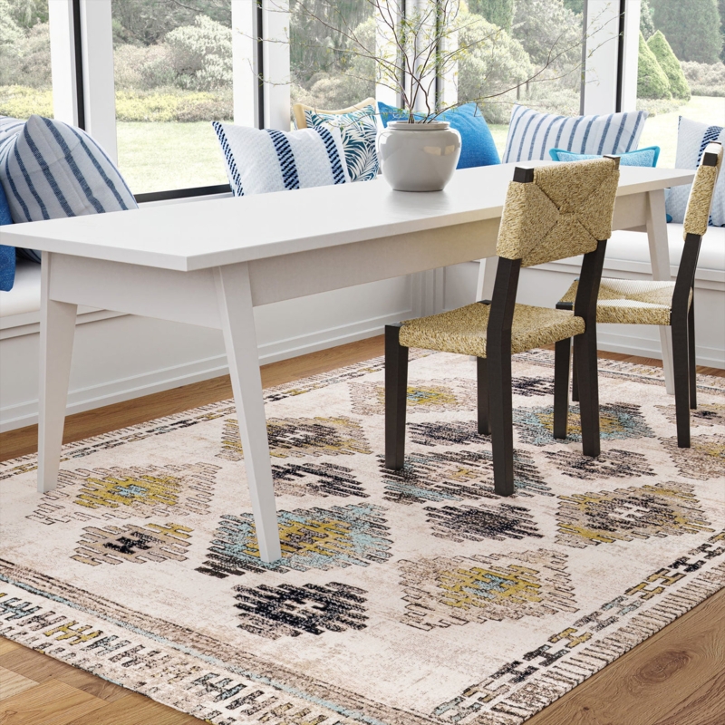 Area Rug Distressed Medallion Pattern Faded Blue Beige Vintage Style