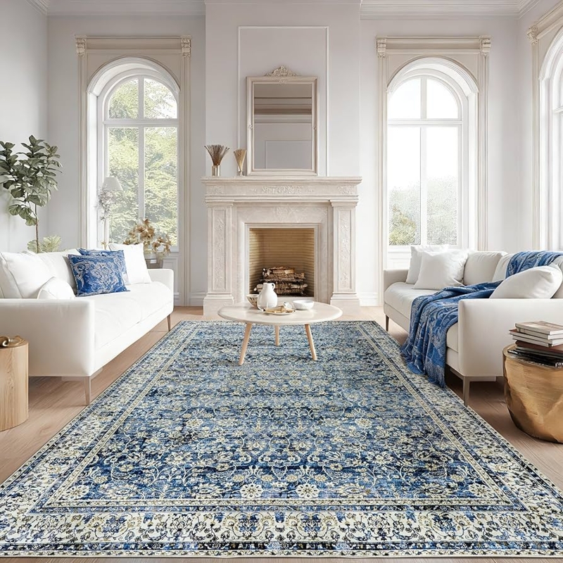 Area Rug: Distressed Medallion Pattern Light Blue Cream Farmhouse Style