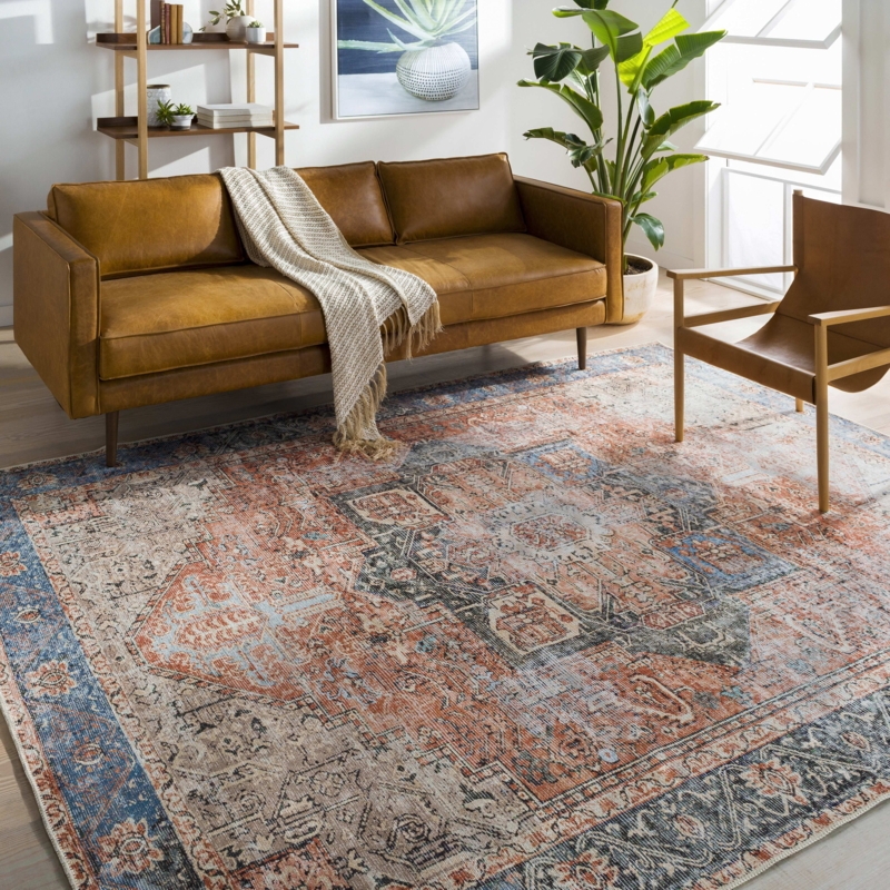 Area Rug Distressed Medallion Pattern Washable Low Pile Rust Tan Warm Tone