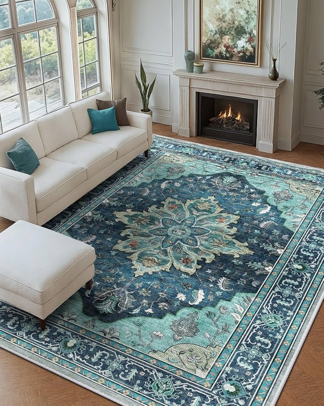 Area Rug Distressed Medallion Pattern Washable Vintage Boho Style