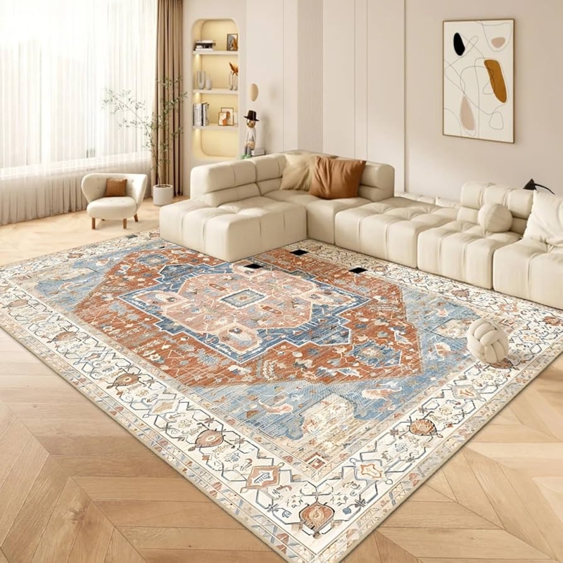 Area Rug Distressed Medallion Rust Beige Washable Transitional