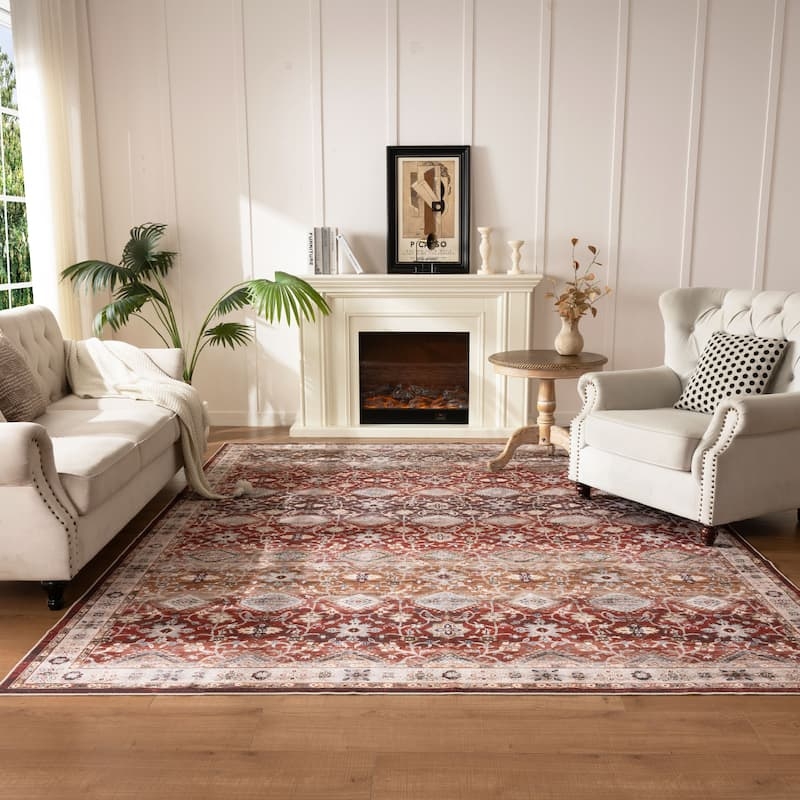 Area Rug Distressed Medallion Washable Vintage Look Low Pile Cream