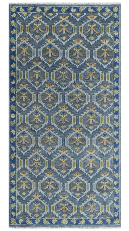 Area Rug Distressed Navy Gold and Moss Green Wool Medallion