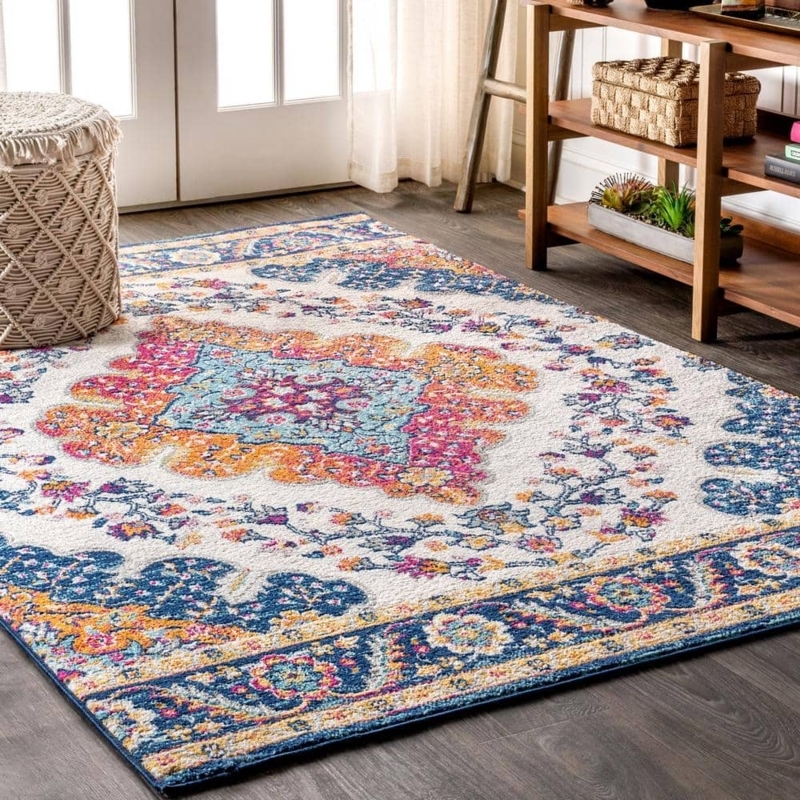 Area Rug Distressed Navy Terracotta Bohemian Medallion