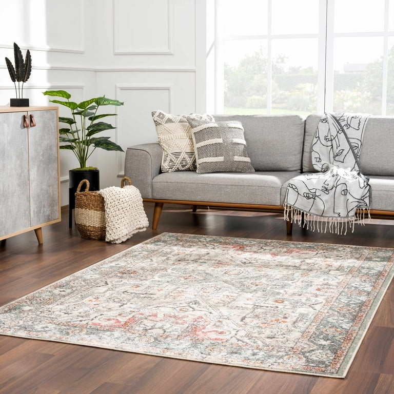 Area Rug Distressed Oriental Beige Slate Blue Vintage Look Low Pile