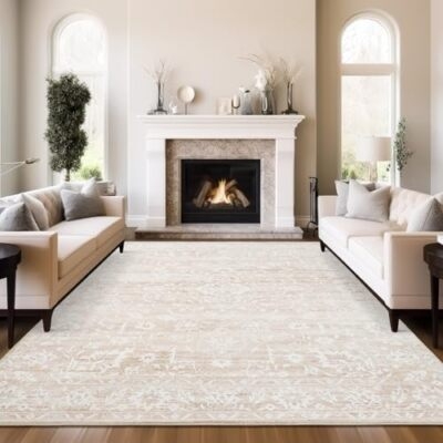 Area Rug Distressed Oriental Motif Beige Charcoal Low Pile Decor