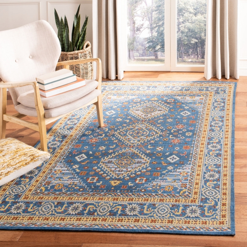 Area Rug Distressed Oriental Pattern Blue and Gold Runner