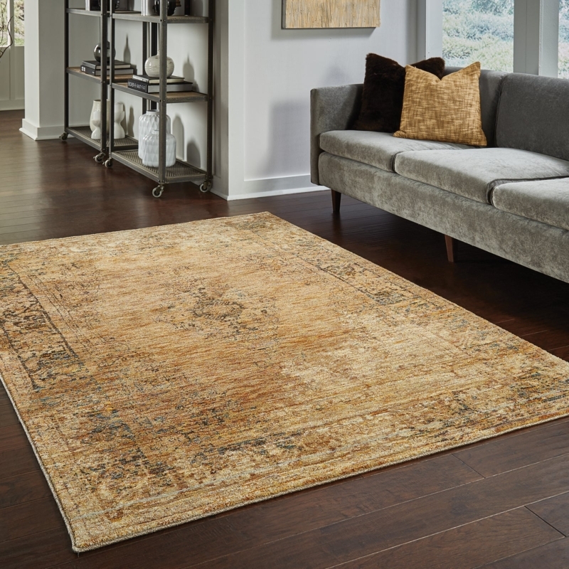 Area Rug Distressed Oriental Pattern Gold Brown Earthy Toned Decor