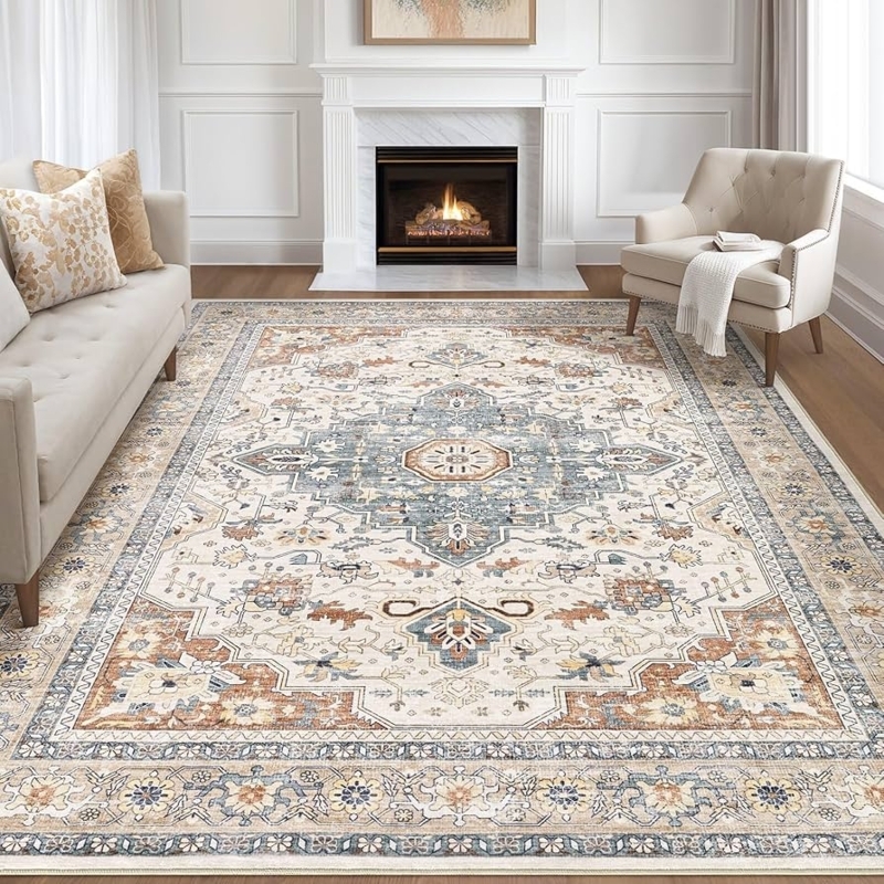 Area Rug Distressed Oriental Pattern Teal Accent Boho Chic