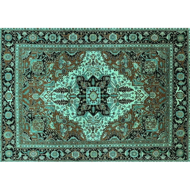 Area Rug, Distressed Oriental Pattern, Turquoise Blue & Cream