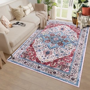 Area Rug Distressed Red Pattern Abstract Medallion Low Pile Vintage