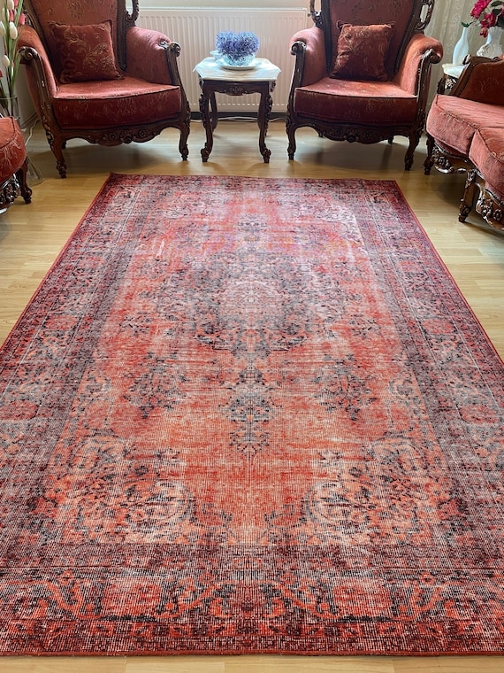 Area Rug Distressed Red Vintage Oriental Pattern Navy Contrast