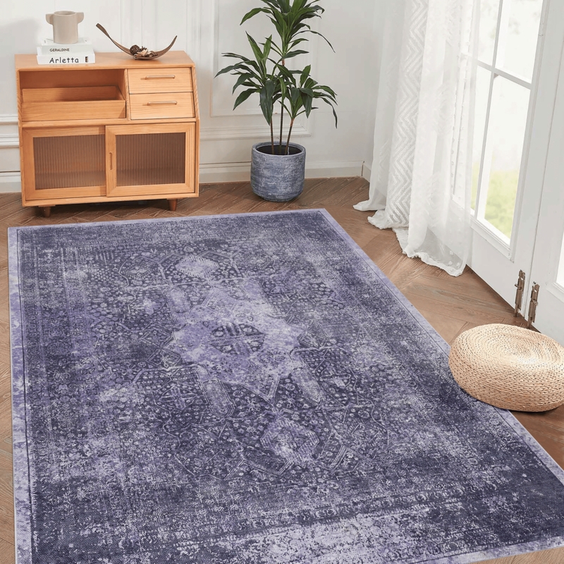 Area Rug, Distressed Rust and Blue Floral, Washable Low Pile Bohemian