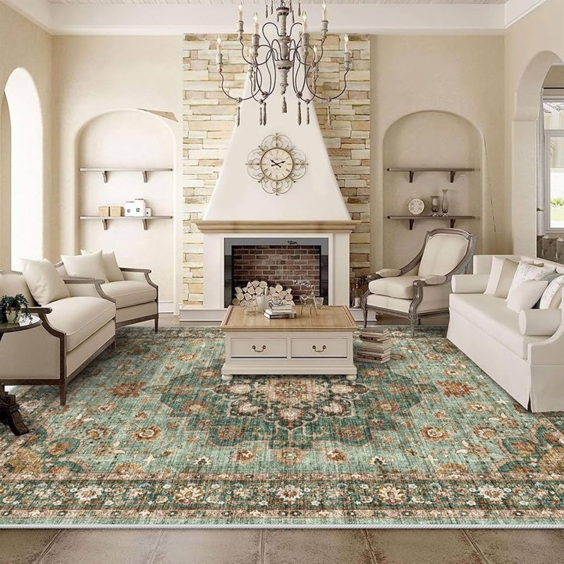 Area Rug Distressed Sage Green Oriental Floral Low Pile Washable Look