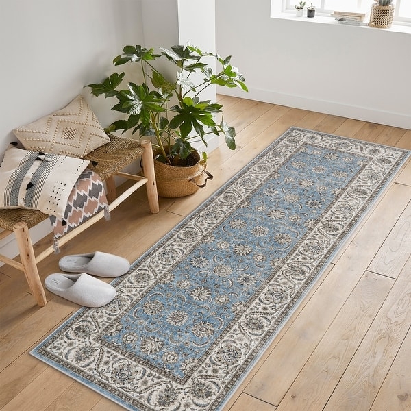 Area Rug Distressed Terracotta Motif Navy Oriental Pattern Low Pile