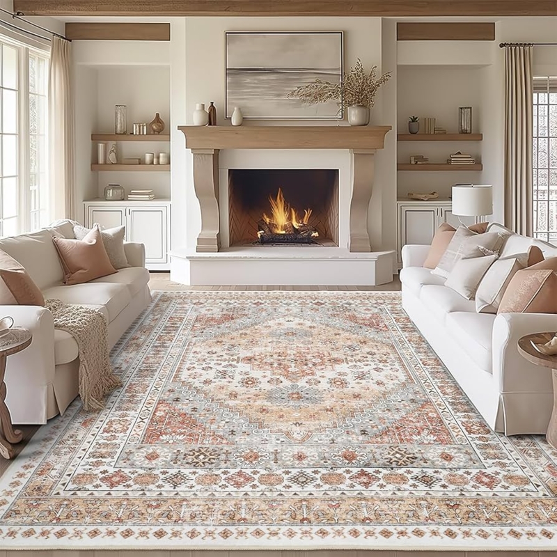 Area Rug Distressed Terracotta Oriental Pattern Faded Antique Aesthetic