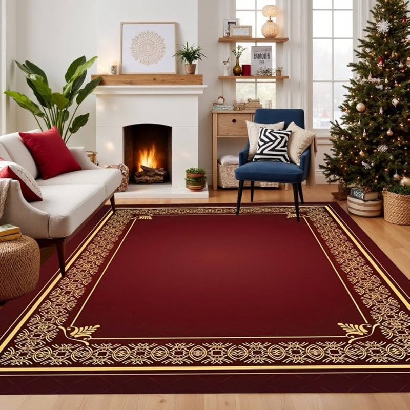 Area Rug Distressed Traditional Geometric Border Washable
