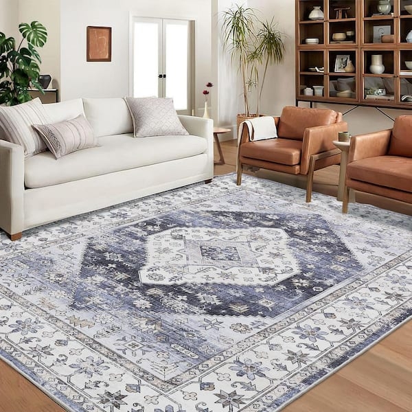 Area Rug Distressed Traditional Pattern Muted Blue Vintage Inspired