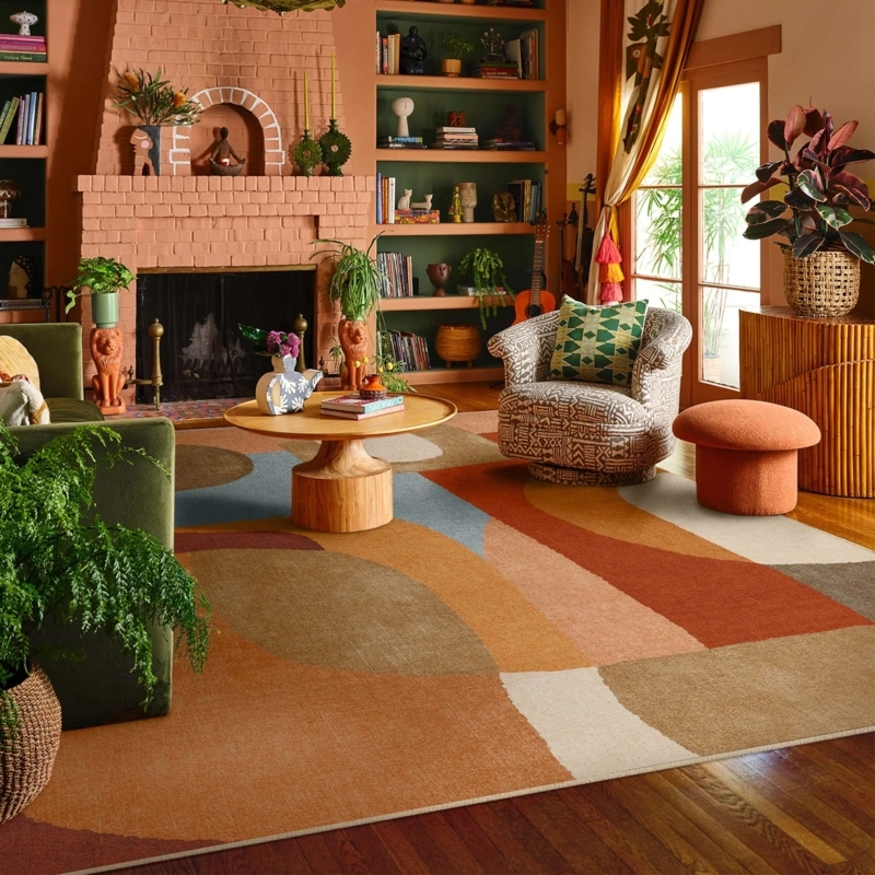Area Rug Distressed Traditional Pattern Navy Terracotta Accents
