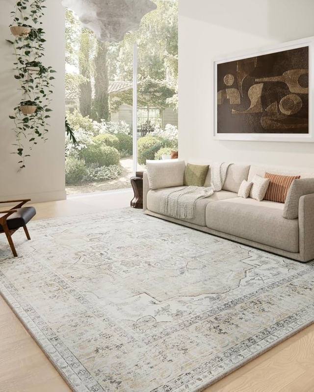 Area Rug Distressed Vintage Blue Medallion Washable Living Room