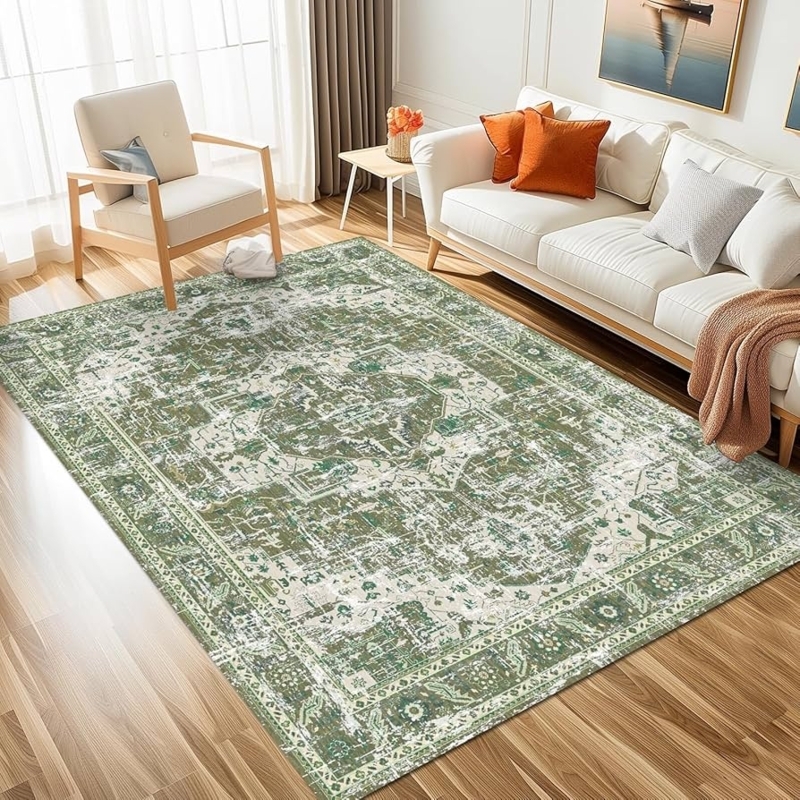 Area Rug, Distressed Vintage Look, Washable Boho Farmhouse Decor