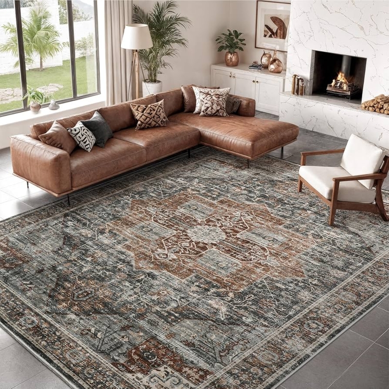Area Rug Distressed Vintage Pattern Grey Tan Neutral Living Room Styling