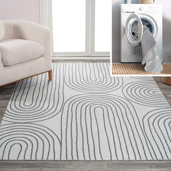 Area Rug Doodle Pattern Machine Washable Cream Gray Geometric Bedroom Decor