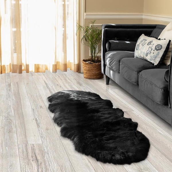 Area Rug Double Pelt Shape Faux Fur Matte Finish Black Fur Rug