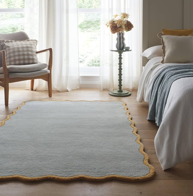 Area Rug Duck Egg Blue Ochre Border Scalloped Edge Scandi