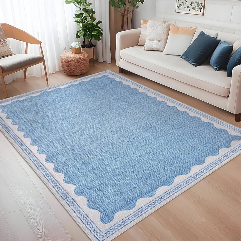 Area Rug Dusty Blue Scalloped Edge Solid Color Low Pile Feminine