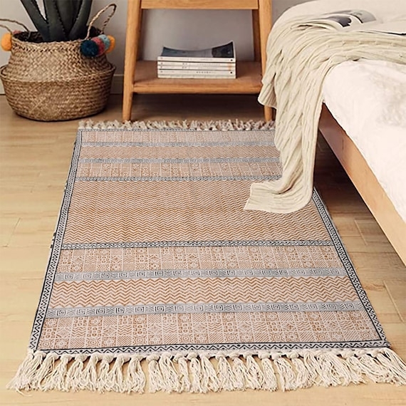 Area Rug Earthy Brown Block Print Cotton Flatweave Minimalist Decor