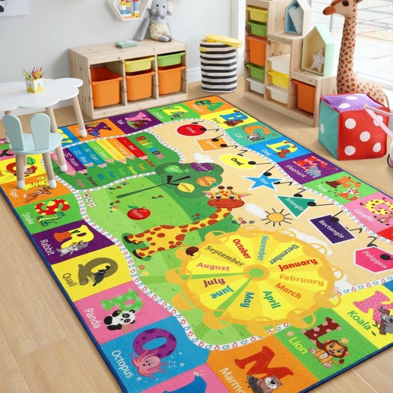 Area Rug Educational Grid Vibrant Illustrations Playroom
