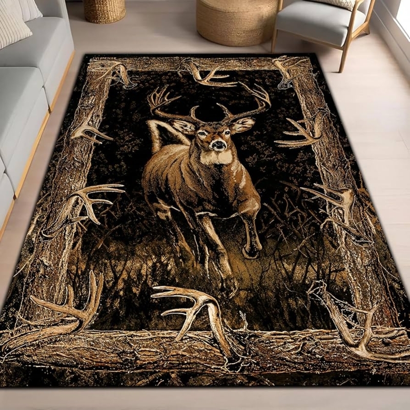 Area Rug Elk Graphic Camouflage Pattern Rustic Cabin Decor