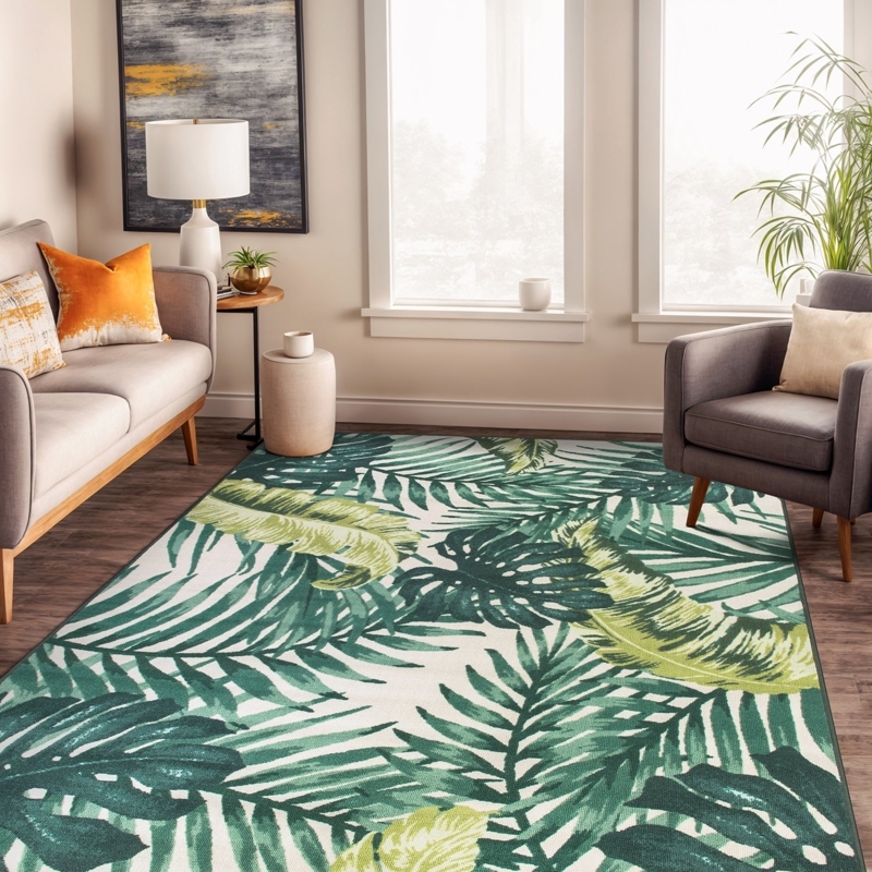 Area Rug Emerald Green Palette Teal Low Pile Tropical Leaf Pattern Rug