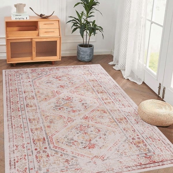 Area Rug Faded Blue Vintage Pattern Low Pile Washable Living Room