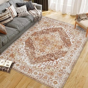 Area Rug Faded Botanical Pattern Cream Low Profile Washable