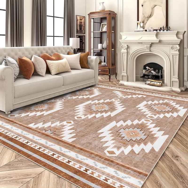 Area Rug, Faded Camel Oriental Pattern, Ultra-Thin, Washable Low Pile