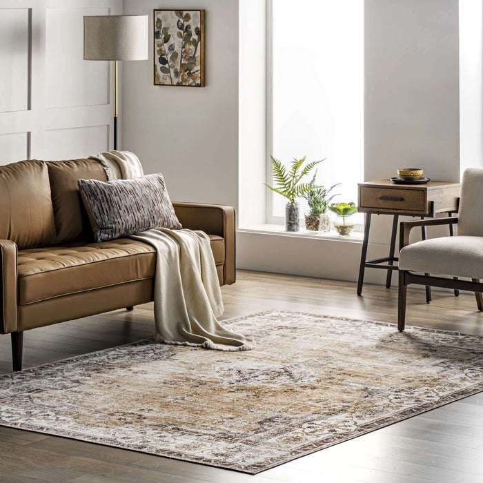 Area Rug Faded Floral Border Blue Gray Transitional Living Room