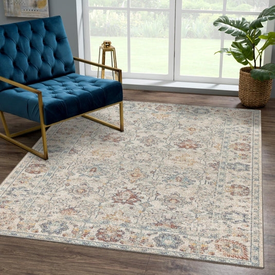 Area Rug Faded Floral Motifs Cream Blue Traditional