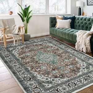 Area Rug Faded Medallion Muted Blue Vintage Weathered Traditional